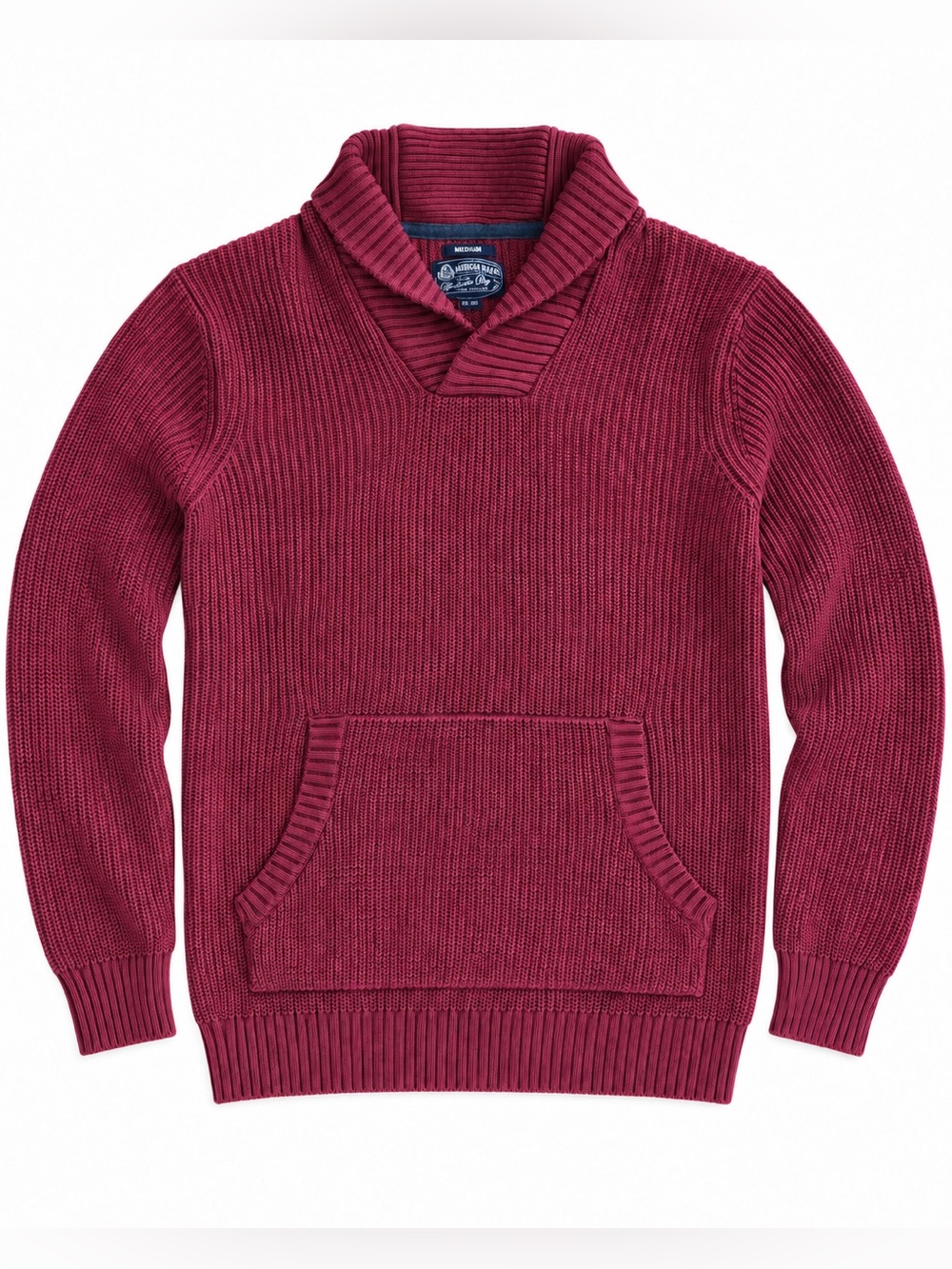 American Rag Men’s Shawl Collar Ribbed Knit Sweater Med Maroon Kangaroo pocket